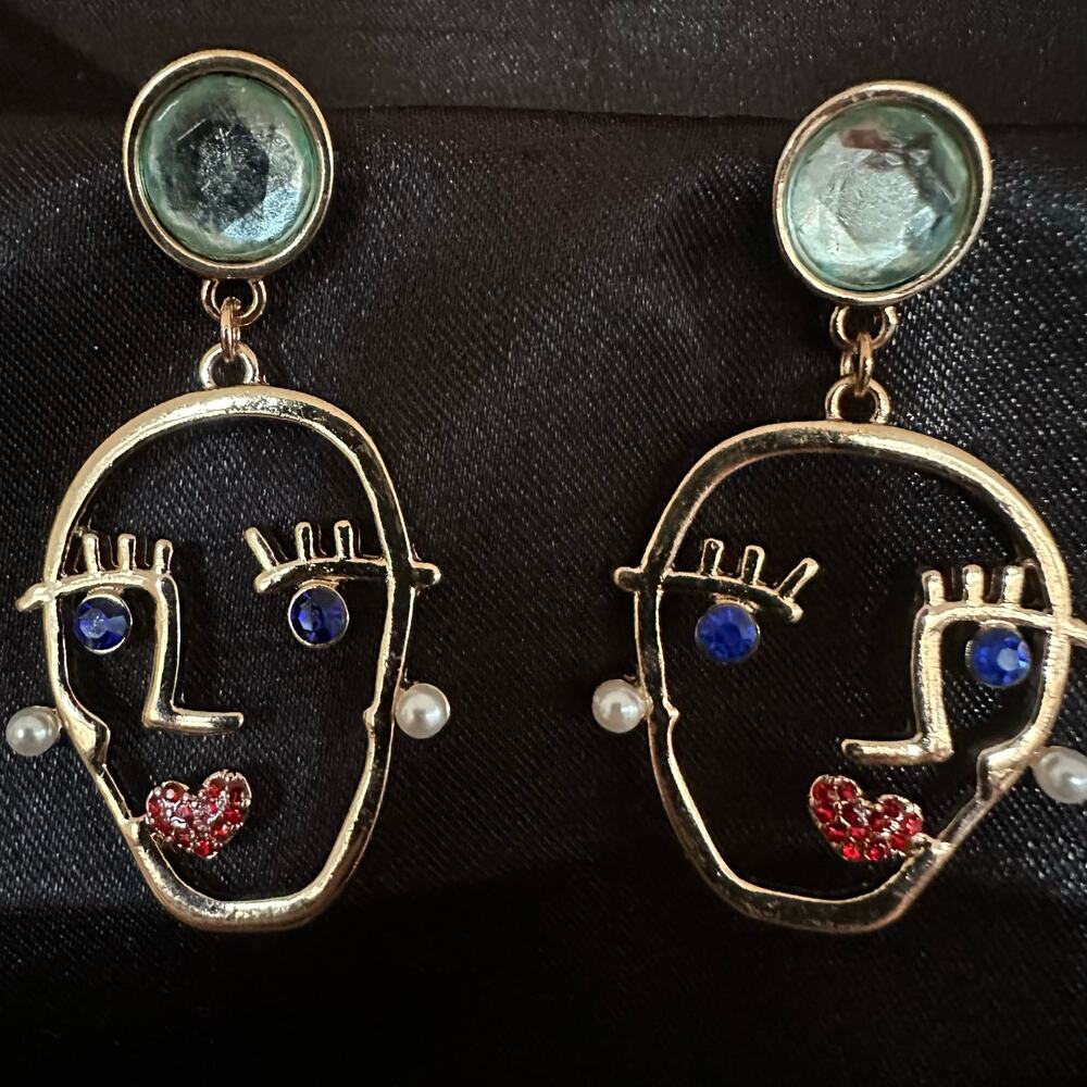 Art Deco Gold Tone Faces Earrings